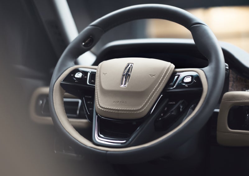 The intuitively placed controls of the steering wheel on a 2024 Lincoln Aviator® SUV | Beach Lincoln in Myrtle Beach SC
