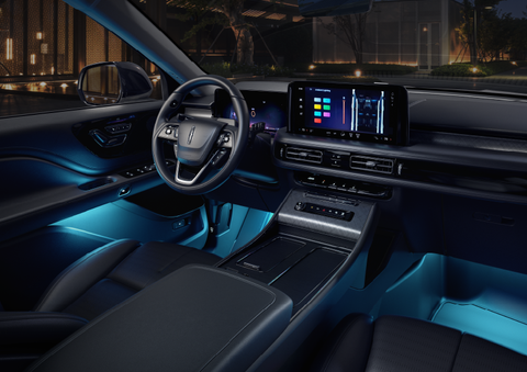 Deep blue ambient lighting glows from various places within a 2025 Lincoln Aviator® SUV. | Beach Lincoln in Myrtle Beach SC