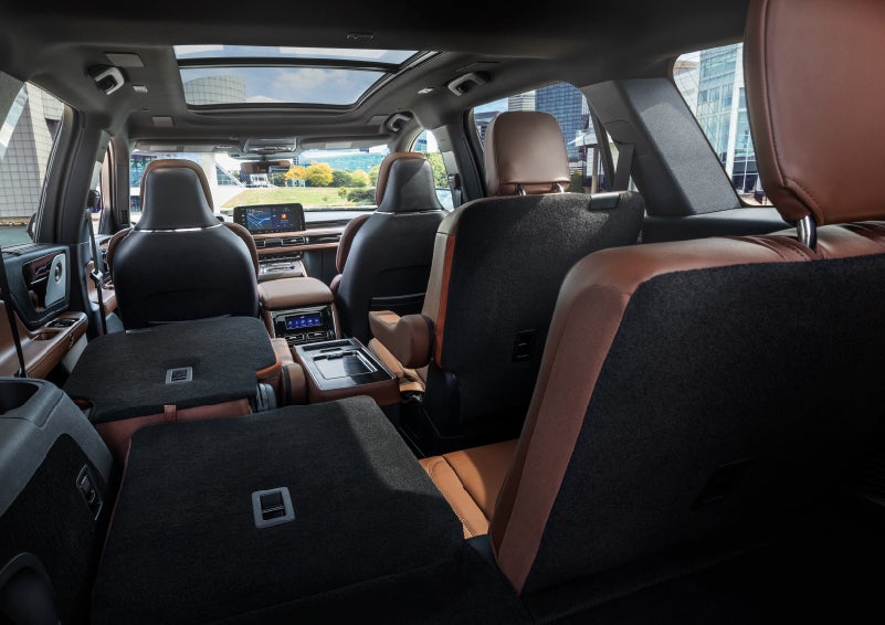 The interior of the 2025 Lincoln Aviator® SUV is shown with two seats folded down for added space. | Beach Lincoln in Myrtle Beach SC