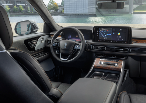 The interior of the 2025 Lincoln Aviator® SUV is shown parked with a view of a harbor through the windshield. | Beach Lincoln in Myrtle Beach SC